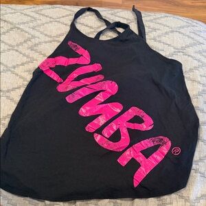 Zumba Black Tank Top Pink Logo Open Back Tie Strap Dance Fitness